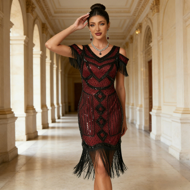 1920S Retro Gatsby Sequin Dress with Tassels and Beading, Luxurious Gown for Banquets, Balls, Parties, and Toasting 1920S Retro Gatsby Sequin Dress with Tassels and Beading, Luxurious Gown for Banquets, Balls, Parties, and Toasting