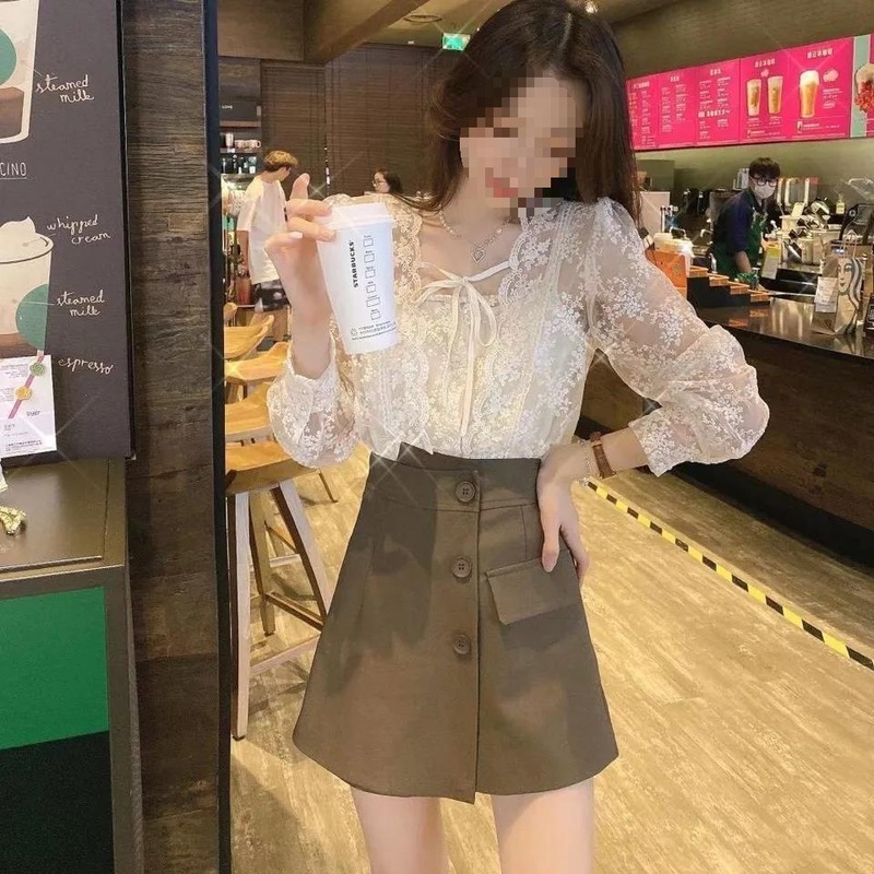韩版早秋新款系绳蕾丝小上衣搭配吊带温柔减龄韩系风上衣女潮|undefined