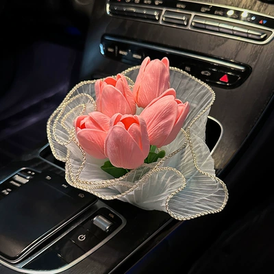 for girls, Car ornaments - light-pink-5-tulip-bouquet-wrapped