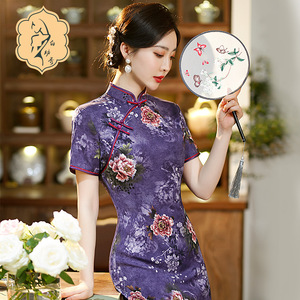 Retro Chinese Dress oriental Cheongsam for women long split cheongsam flowers peony improved Chinese style dress personality
