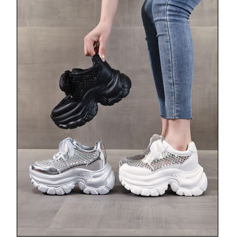 Giày sneaker chunky nữ đế dày lưới thoáng khí tăng chiều cao đính đá — Màu đen chi tiết 16
