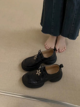 牛皮版~厚底增高圆头乐福鞋女系带复古黑色小皮鞋百搭英伦风单鞋