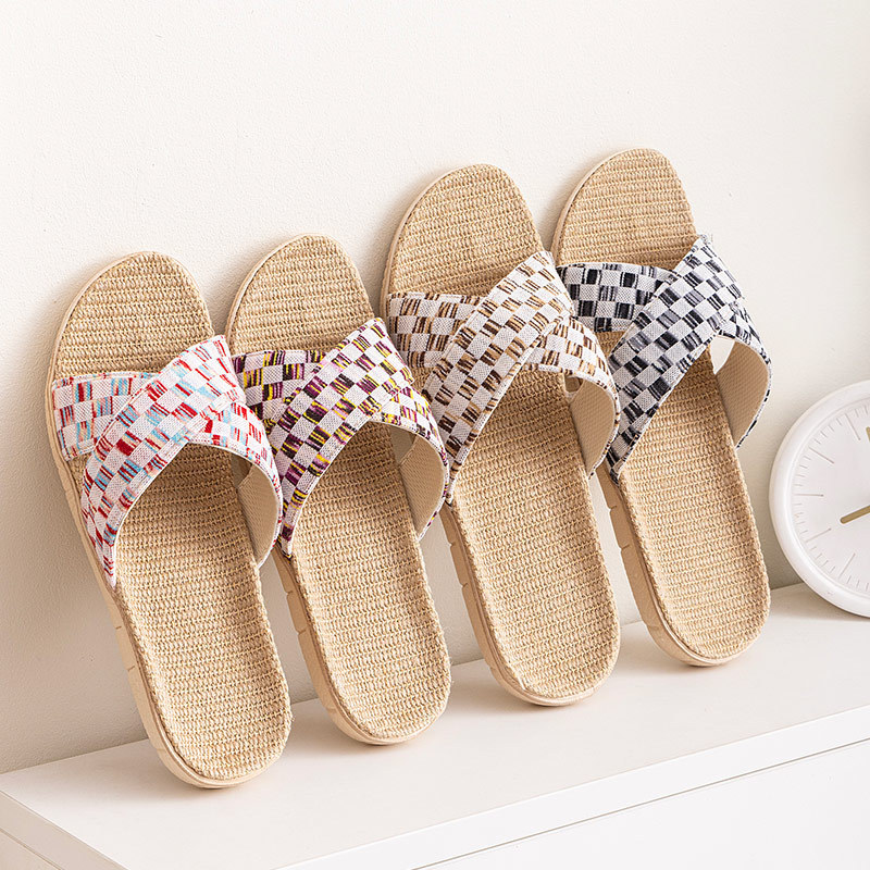Small Plaid Cross Women's Home Linen Slippers Simple Indoor Silent Men's Home Four-Season Japanese Straw Rattan