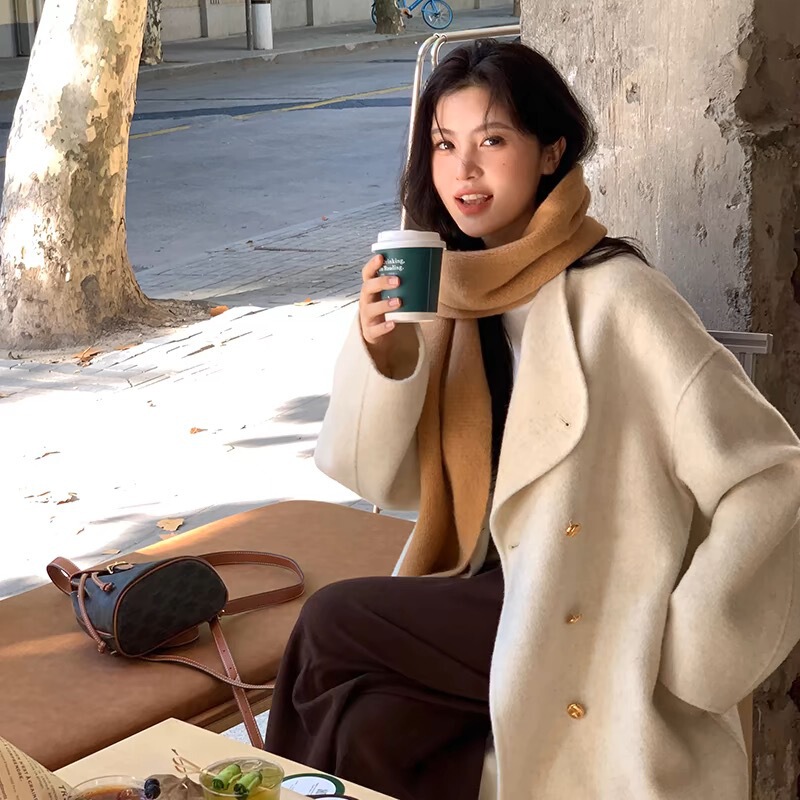 High-End Gold Buckle Double-Sided Cashmere Outwear for Women 2025 Autumn and Winter New Style Stand-Up Collar Extended Korean Style Woolen Outwear High-End Gold Buckle Double-Sided Cashmere Outwear for Women 2025 Autumn and Winter New Style Stand-Up Collar Extended Korean Style Woolen Outwear