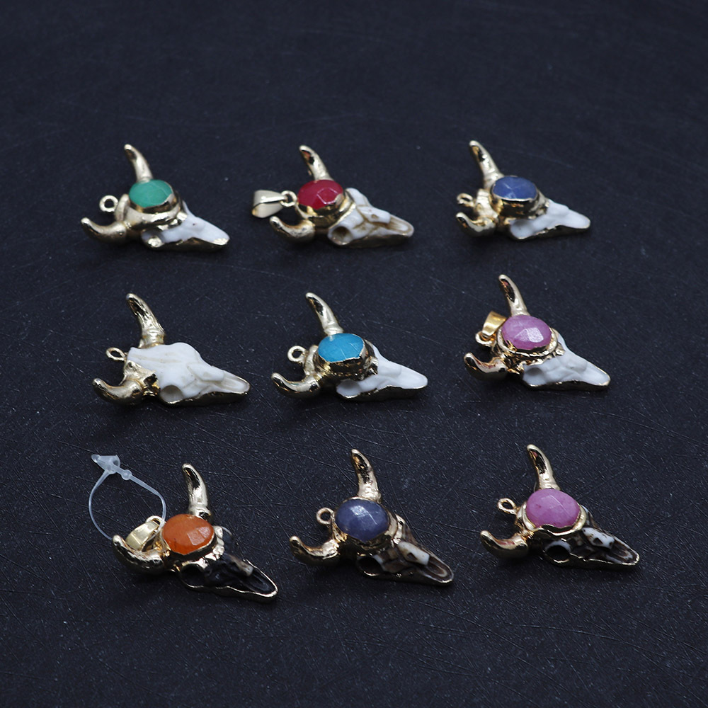 Electroplated Color Treatment Natural Stone Inlay Material 1 Piece Resin Natural Stone Tree Cattle Bull Head Pendant Pendants Jewelry Accessories