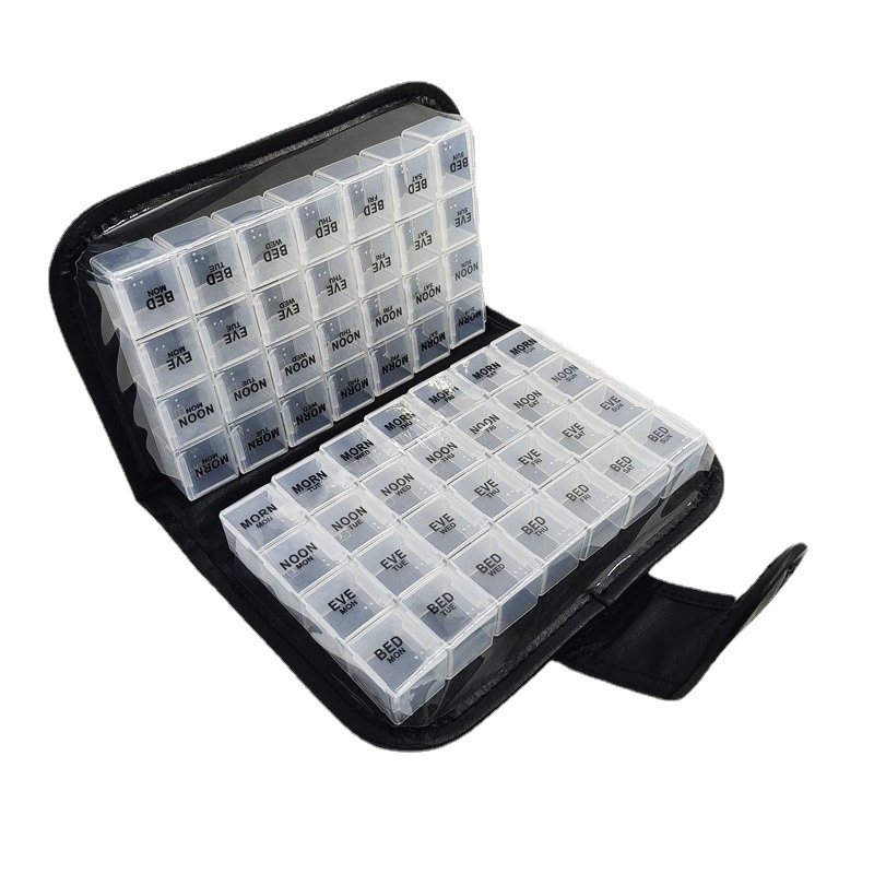Amazon bolsa de cuero billetera caja de la píldora siete días de gran capacidad portátil caja de la píldora 56 rejilla de color caja de almacenamiento