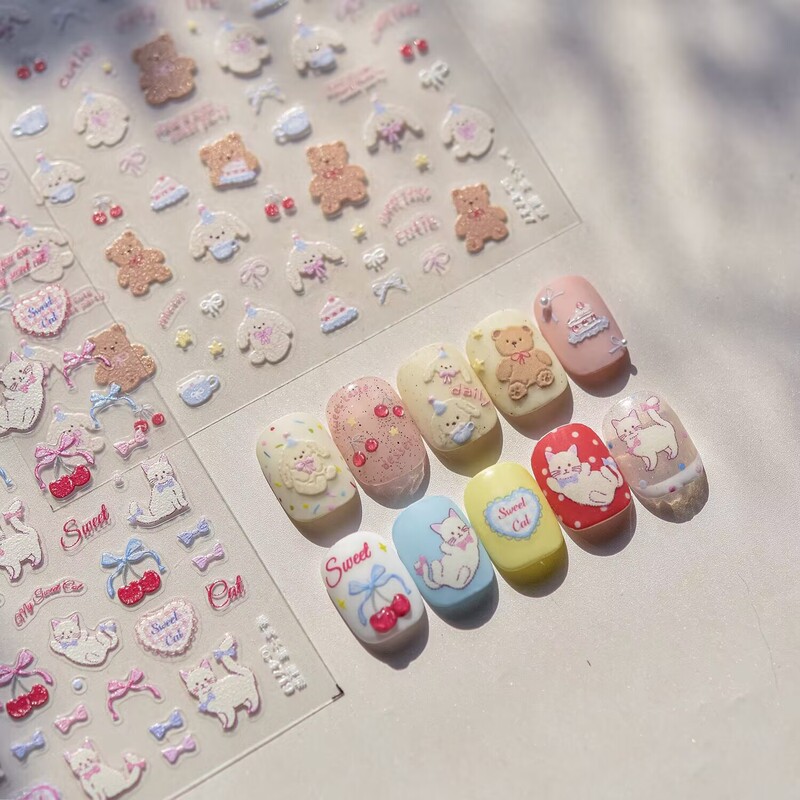 Tomoni Manicure Thin and Tough Showa Style Sweetheart Cute Cherry Bow Dessert Bear Little Cat Nail Sticker