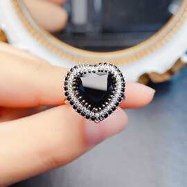 新款天然黑尖晶戒指S925银镶嵌主石11*11mm百搭网红爆款女饰批发