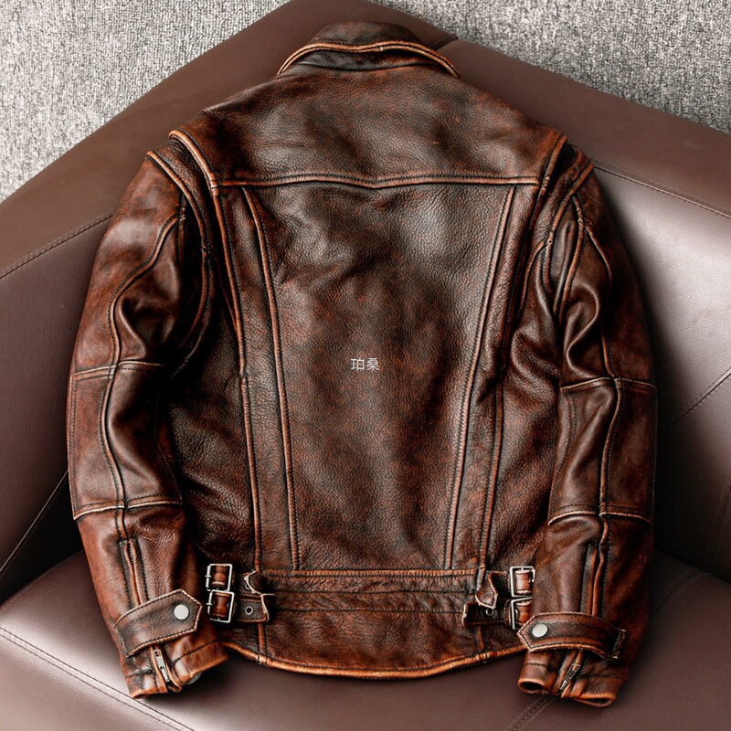 Amejaji American Retro Genuine Leather Jacket for Men, Short Motorcycle Style, Stone-Washed Vintage Look Amejaji American Retro Genuine Leather Jacket for Men, Short Motorcycle Style, Stone-Washed Vintage Look