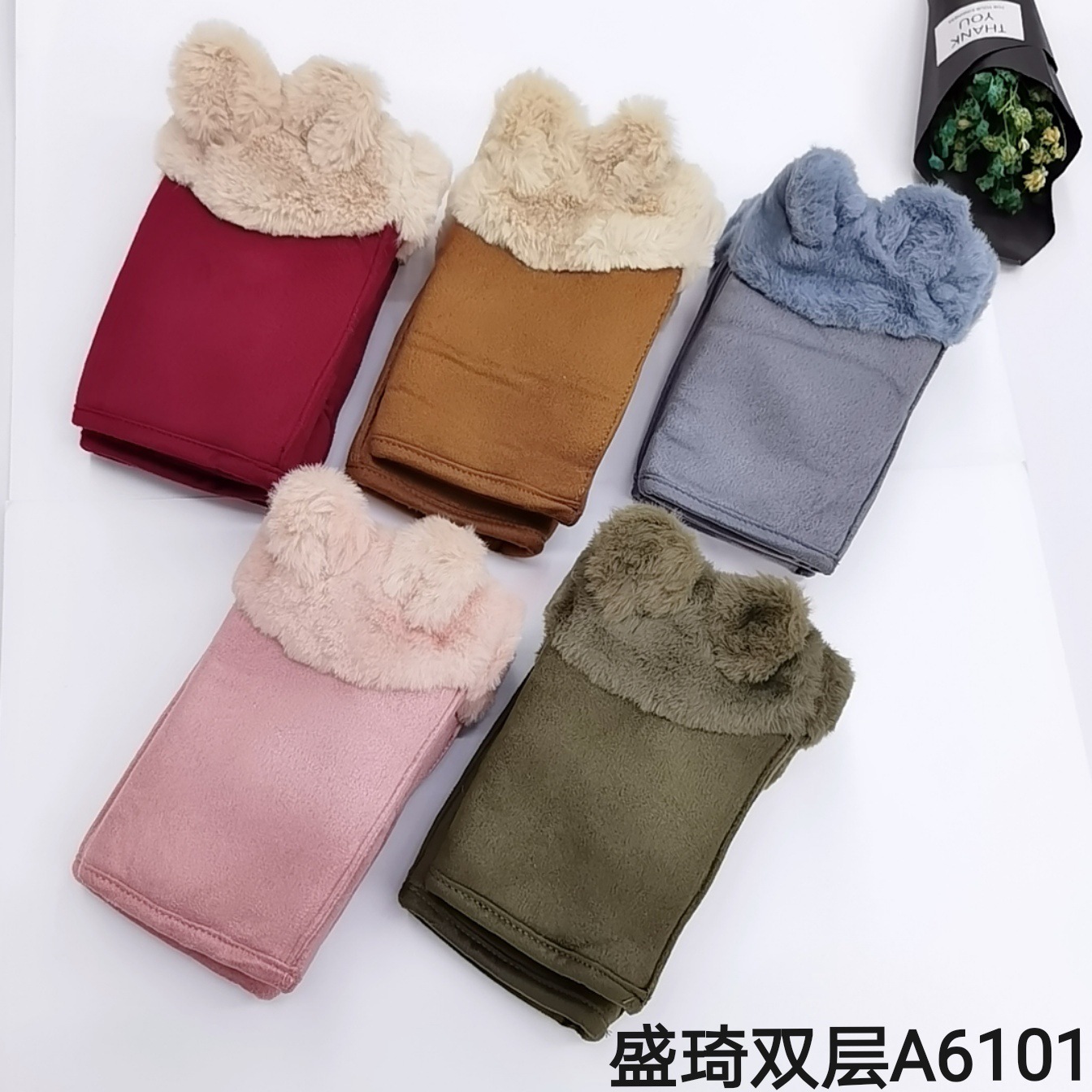 盛琦女麂皮绒冬季防寒保暖手套学生双层加绒加厚电脑手套防滑