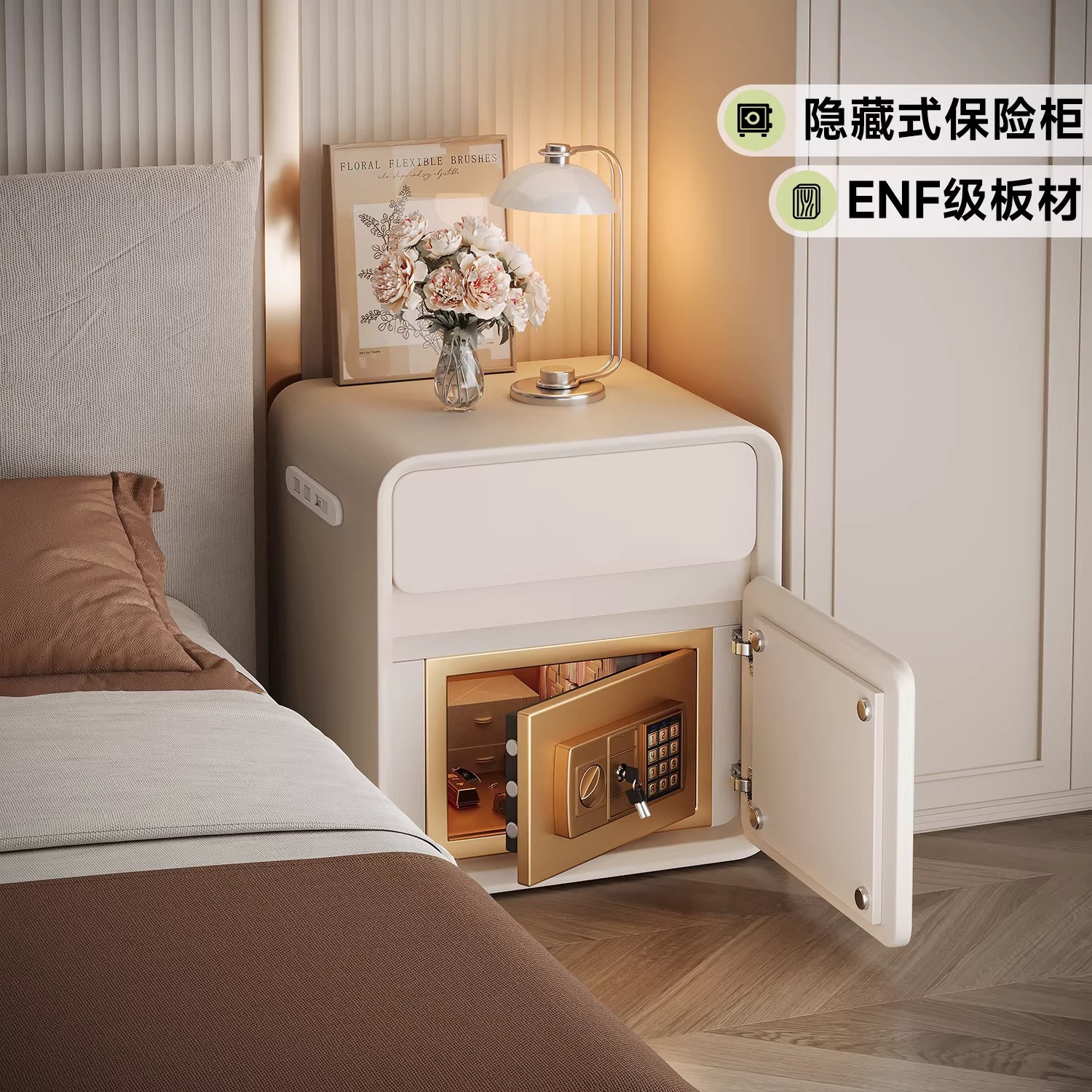 Una caja fuerte inteligente de cabezal de cama de madera sólida en 2026 nuevo dormitorio doméstico ligero de lujo de alto nivel con cerradura pequeña