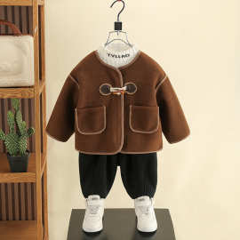 男童毛呢外套秋冬季儿童牛角扣洋气宝宝加绒呢子大衣皮毛一体冬装