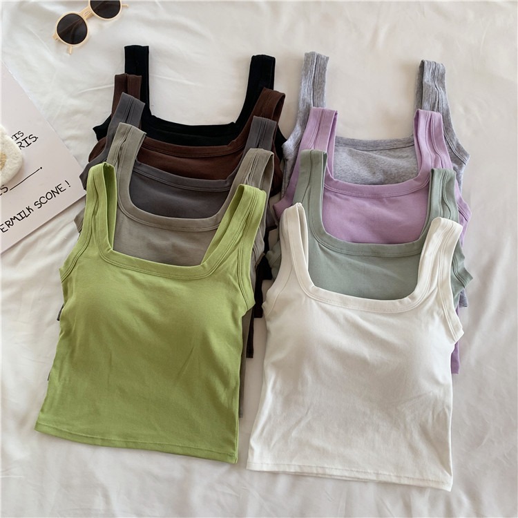 Square collar all-match pure color strap chest pad camisole women's clothing autumn and winter 2023 new hot girl sports short inner wear
