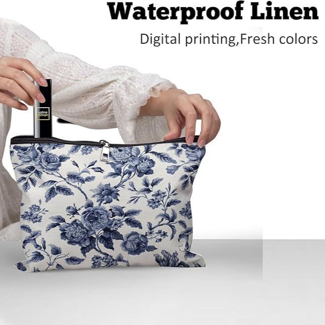 Bolsa de cosméticos transfronteriza de Amazon, bolsa de lavado personalizada, porcelana azul y blanca, flor de rosa, impresión de doble cara, fábrica de viajes al por mayor