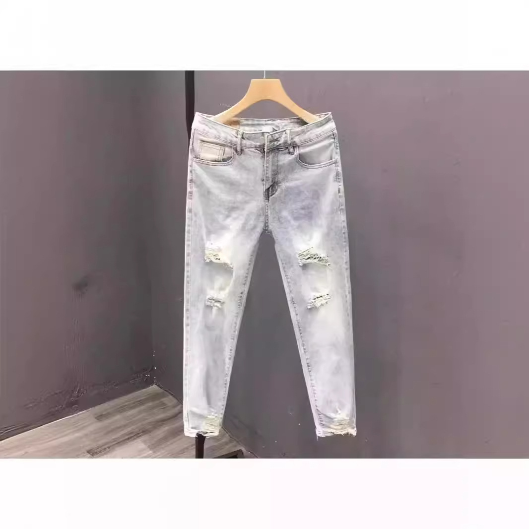 Jeans versatili estivi da uomo, taglio sottile, colore giallo fango, buco strappato, pantaloni a gamba dritta aderenti, alla moda da strada_voghion.com