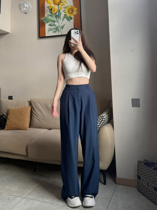 alo西装裤女生秋季宽松拖地直筒松紧腰欧美风休闲显瘦垂感阔腿裤|undefined