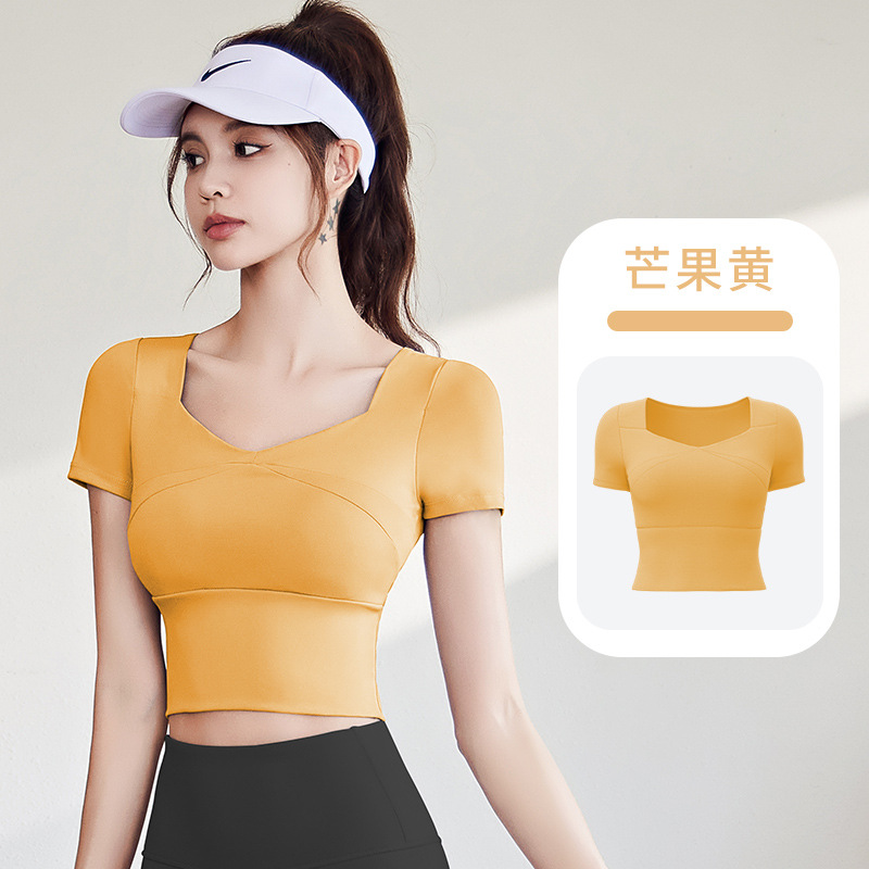 Juyitang costura ropa de Yoga de secado rápido con almohadilla en el pecho yoga manga corta sensación desnuda slim fit adelgazamiento deportes fitness top