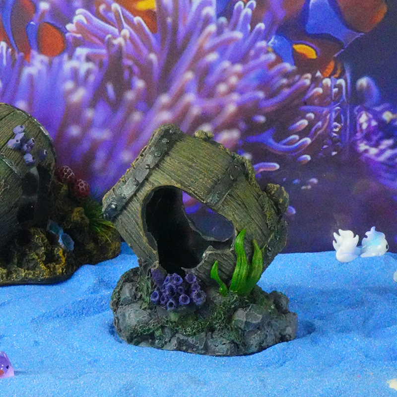 Pecera de venta caliente, acuario, decoración de resina, decoración de la casa de refugio, barril de vino andrajoso, tanque de cría, lugar de desove