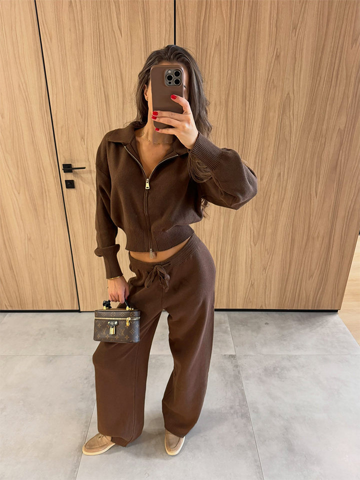 Bộ đôi áo cardigan len cổ polo dáng ngắn khóa kéo và quần dài dệt kim dây rút phong cách Âu Mỹ — Màu be, Màu nâu, màu xám, màu đen chi tiết 2