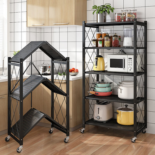 Home-use, No-Installation Folding Multi-Tier Storage Rack – Perfect for Snacks, Microwaves, and Mobile Kitchen/Balcony Storage