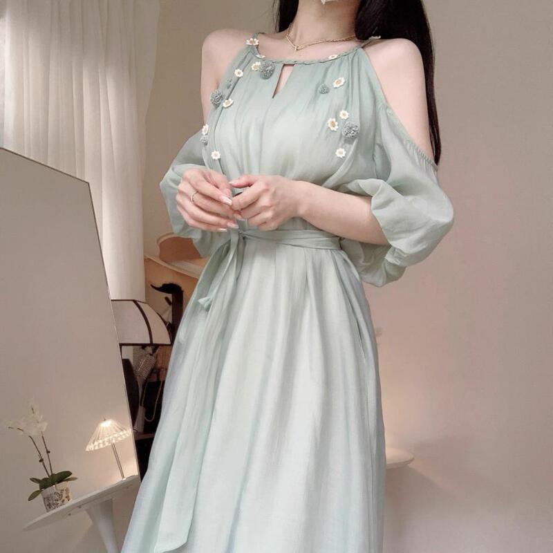 Korean 2025 Summer New Sweet and Fresh Off-Shoulder Dress for Women with Waist-Cinching Design and Halter Neck Holiday Long Skirt