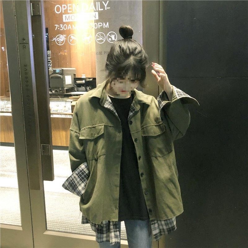 复古格子春秋工装外套女学生韩版宽松中长款原宿棒球服风衣