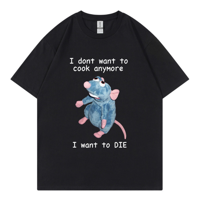 T-shirt en pur coton marque de mode sport nouveaux hommes ample col rond imprimé souris je ne veux pas cuisiner à nouveau T-shirt_voghion.com