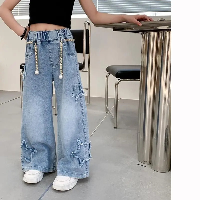 Nuevos pantalones de primavera y otoño para niños de mediana edad coreanos sueltos bordes de lana casuales de estilo extranjero pantalones largos de niñas vaqueros piernas anchas