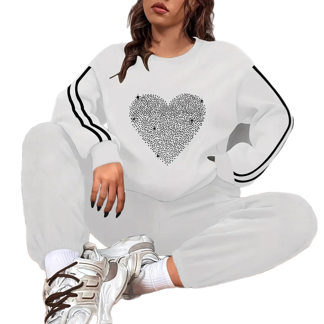 Oversized-Sweater-Set für Damen, zweiteilig, europäisch-amerikanischer Stil, Herzmuster, fleecegefüttert, lässig, 250 g/m², 9019 Print_voghion.com