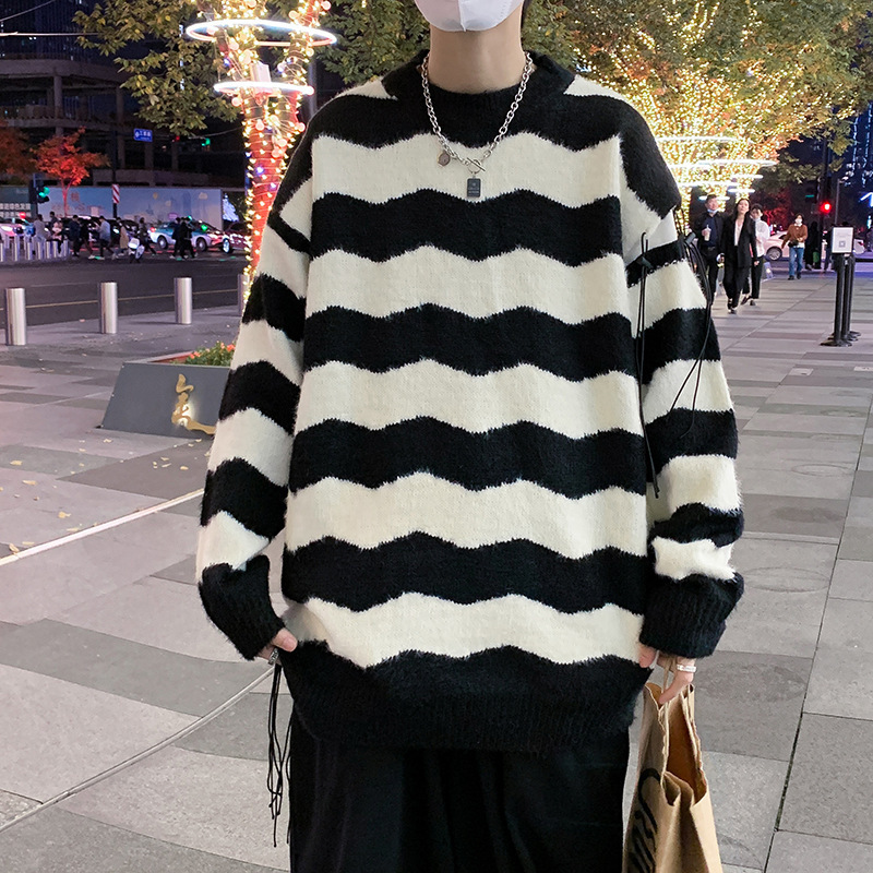 Korean lazy wind striped sweater niche design shoulder design round neck knitted couple coat factory wholesale