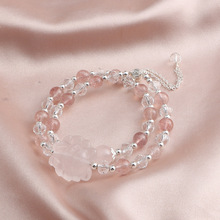 新中式粉水晶白水晶带小狐狸时尚简约通勤多巴胺双圈手串