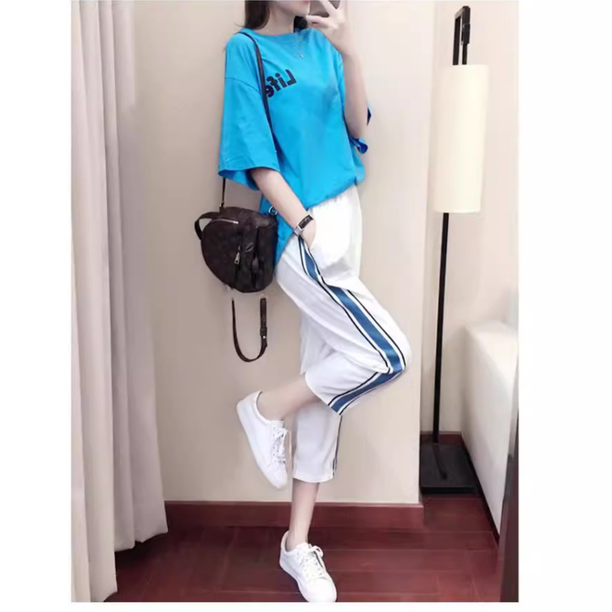 Summer Sports Women's Loose Casual Comfortable Printed Short Sleeve T-Shirt Color Block Jogger Nine-point Pants_voghion.com