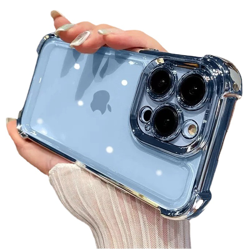 Funda con airbag anticaídas en las cuatro esquinas y galvanizada para iPhone 15, funda protectora transparente completamente envuelta para iPhone 16 y 17 con diseño de orificios preciso.