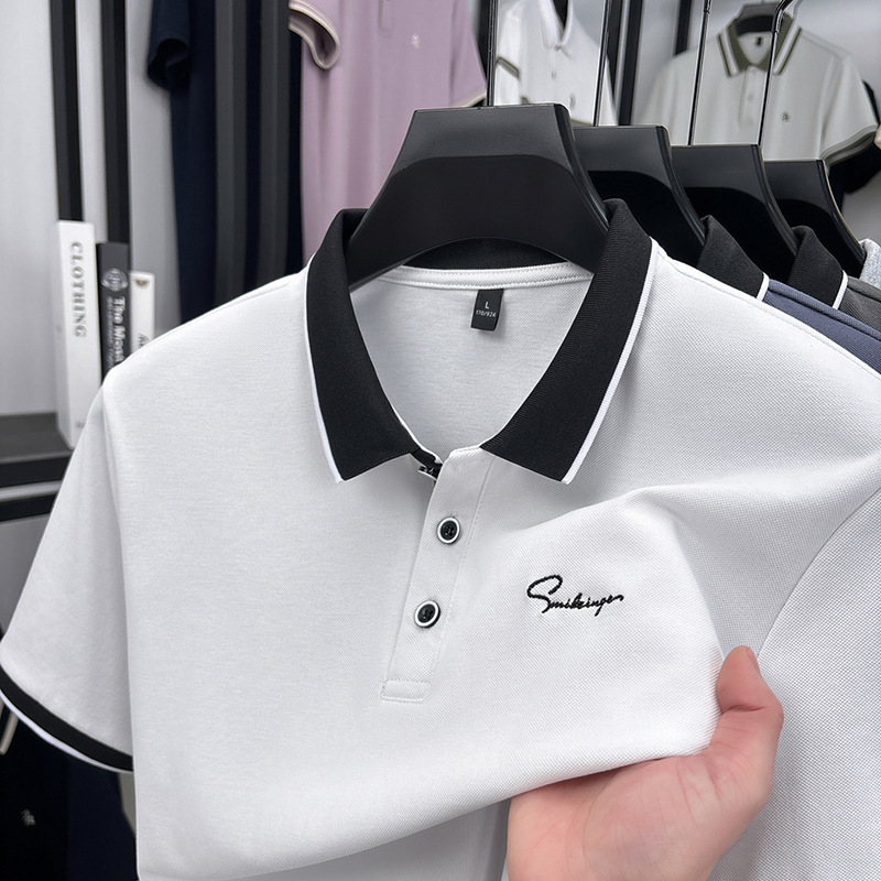 Camiseta de polo de verano de perlas frescas de hombre camiseta de manga corta de negocios de mediana edad casuales de papás con collar top bordado