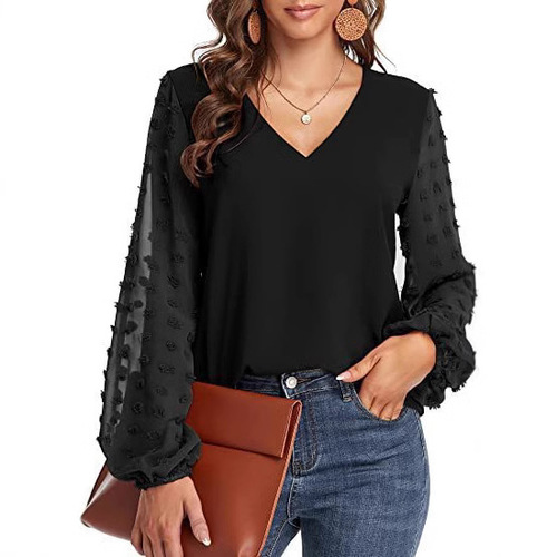 European and American fashion hot item: V-neck chiffon patchwork long-sleeved chiffon shirt with large fur balls