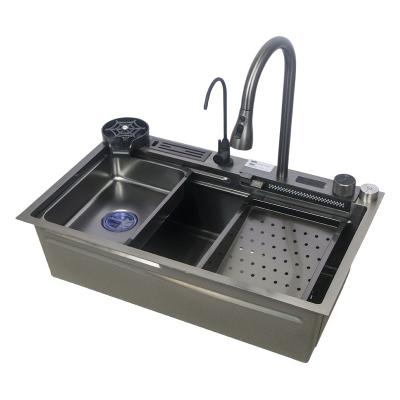 Fully Configurated 304 Stainless Steel Sink Kitchen Sink Integrated Large Single-Slot Washbasin Pull-Out Waterfall Faucet
