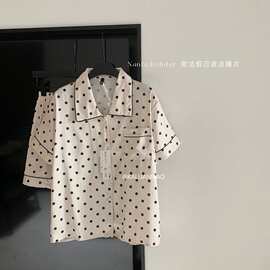南法假日波点套装2件套夏季轻奢冰丝短袖短裤开衫睡衣家居服女士