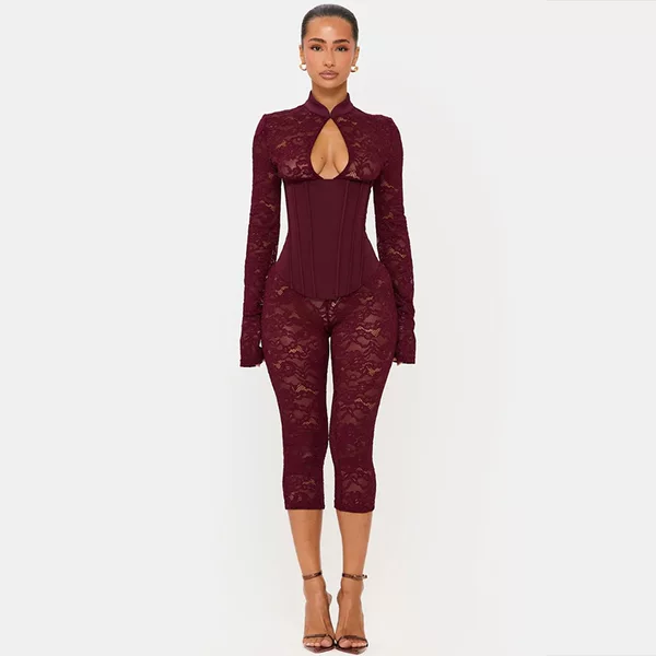 2026 Cross-Border European and American Style New Fashion Sexy Lace Hollow-Out Cheongsam Button Slim-Fit Bodycon Jumpsuit with Waist Cinching