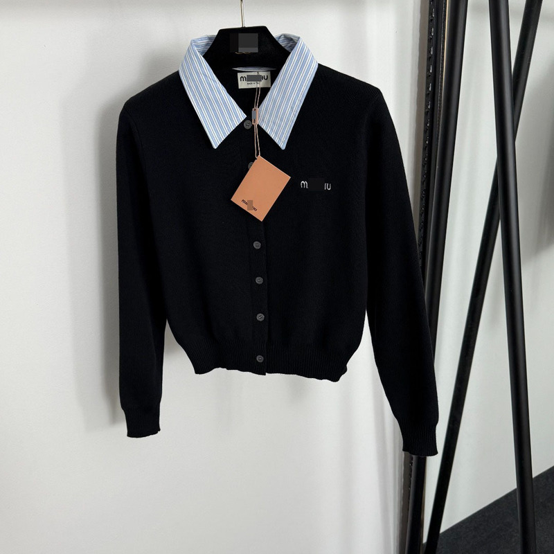 2025 Autumn and Winter Nanyou New British Style Logo Embroidered Detachable Stripesd Lapel Long-Sleeved Knitted Cardigan Top