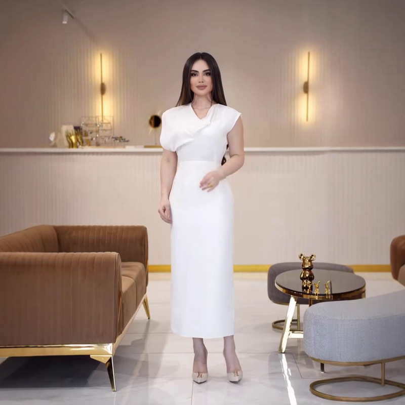 2025 new European and American Amazon cross-border foreign trade women's pleated irregular sleeveless waist white dress 2025 new European and American Amazon cross-border foreign trade women's pleated irregular sleeveless waist white dress