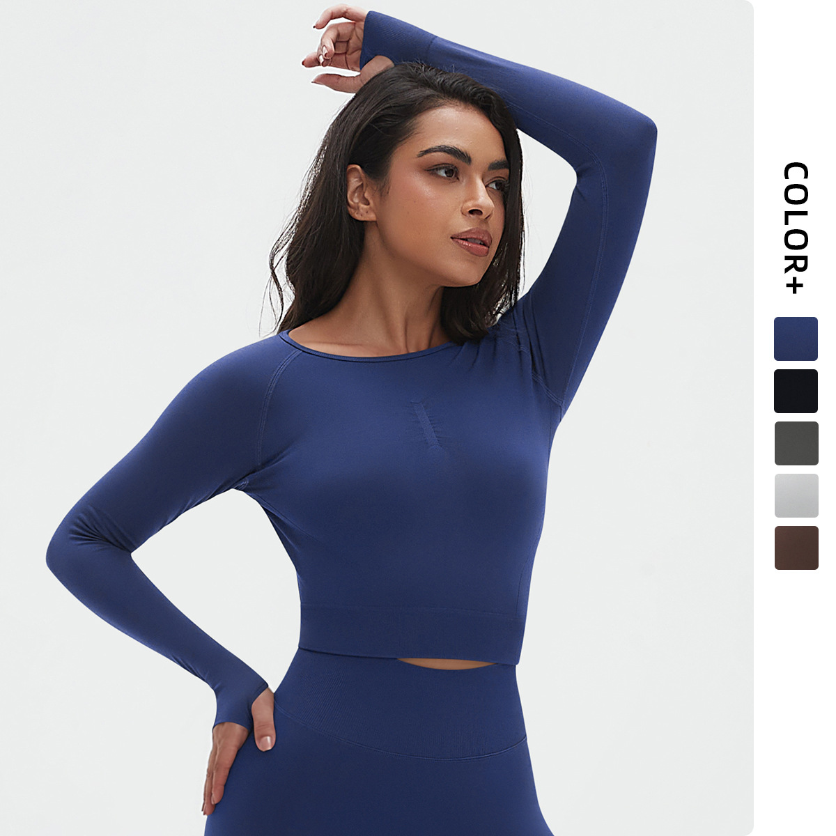 Cross-border Europa y Estados Unidos sin costuras de punto de color sólido ajustado alto elástico ropa de yoga deportiva de manga larga para correr y ejercer yoga tops mujeres image 1