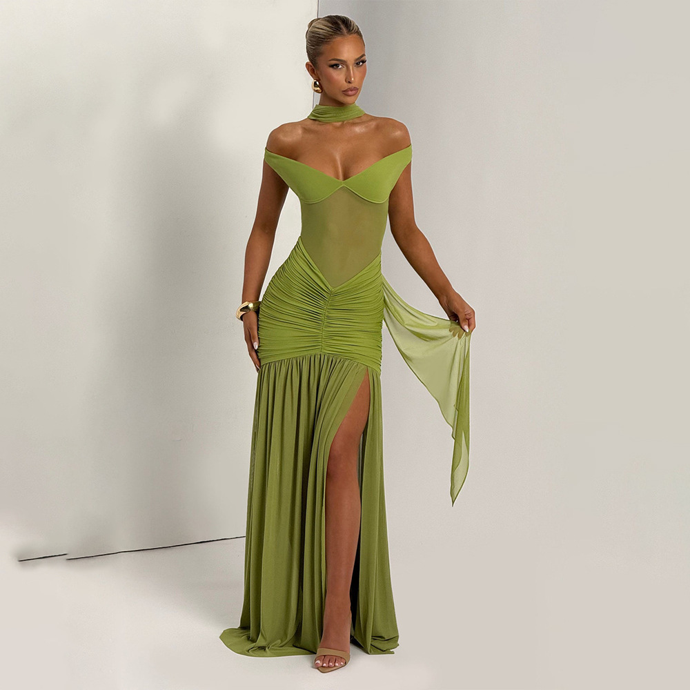Transfronterizos Europa y Estados Unidos otoño 2025 nuevo estilo de moda para limpiar el pecho de espalda sexy malla plegado abierto vestido de cadera