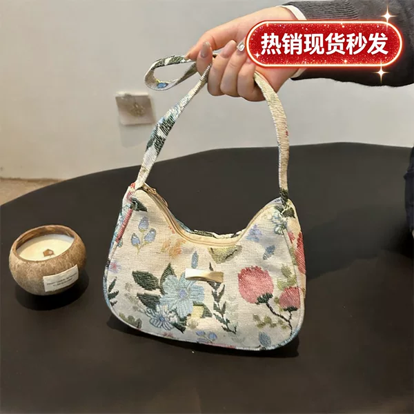 Cross-border New Arrival Canvas Underarm Bag Large Capacity Niche Artistic Shoulder Bag Fashion Flower Beautiful Velvet Crescent Bag