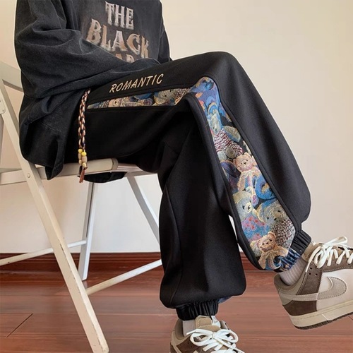 Men's Loose Sweatpants with Embroidery, Chinese Style Spring and Summer Fashion Casual Elastic Waist Bottoms
