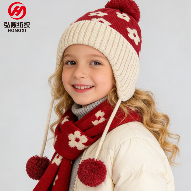 Festive New Year Red Gift for Children, Girls' Ear-Protecting Pom-Pom Hat, Women's Knitted Scarf, Winter Warm Hat for Men