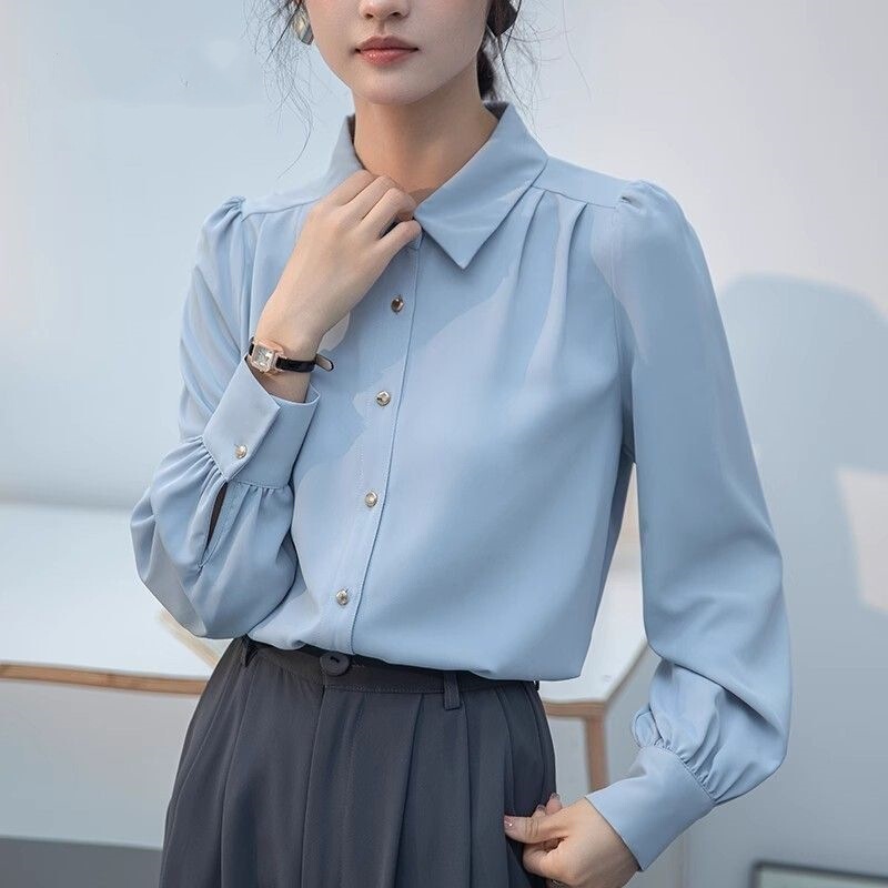 Real Shot of a Stylish Blue Long-Sleeve Shirt for Women, New Autumn Style, Loose Fit, Slimming Design, Chiffon Breathable Top Real Shot of a Stylish Blue Long-Sleeve Shirt for Women, New Autumn Style, Loose Fit, Slimming Design, Chiffon Breathable Top