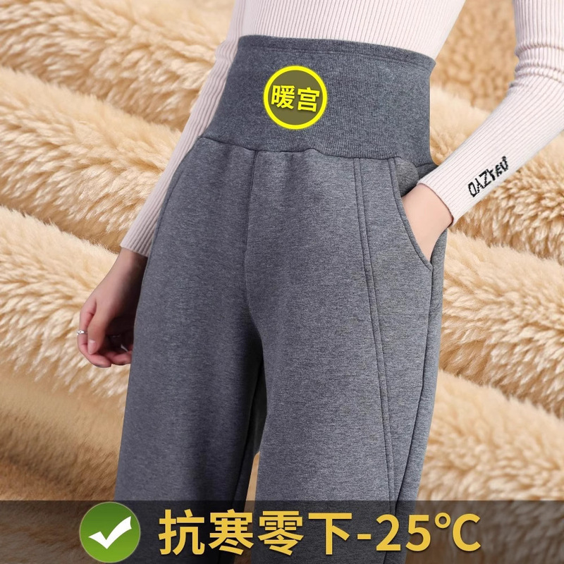 Women's Winter Fleece-Lined Thickened Lamb Wool Pants, Suitable for Outdoor Wear in Northeast, High-Waisted, Warm, Casual, Sports Jogger Sweatpants