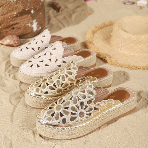 High-Quality Fisherman's Shoes for Women, Cap-Toe Slip-Ons with Fairy Style, Summer Outwear, Lattice Flower Design, Breathable Linen, Thick Sole Fisherman's Shoes