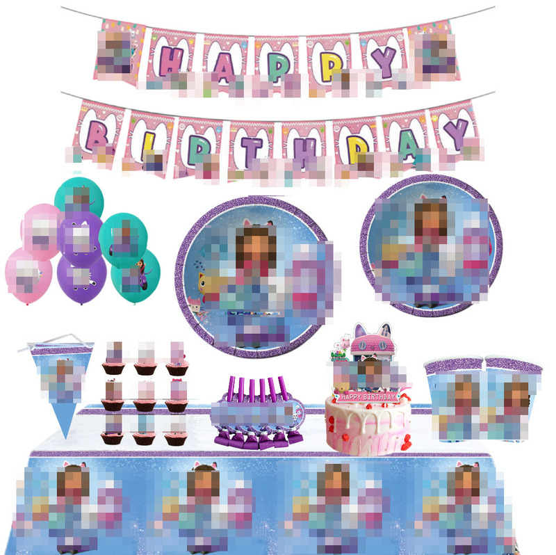 Purple Gaby Themed Birthday Party Decoration Supplies Disposable Tableware Flags Tablecloths Paper Plates