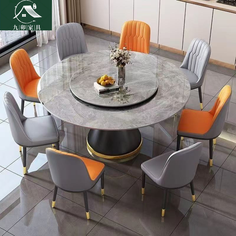 Italian-Style Light Luxury Slate Dining Table and Chair Set, Hotel Commercial Use, Simple Modern Small Apartment Home Use, Round Rotating Dining Table